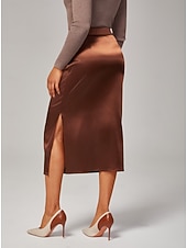 preiswerte Röcke-Damen Stretch Perlglanz Satin Elastische Taille Midirock Elegant Büro &amp;Partykleidung