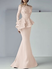 cheap Floor Length-Mermaid Mother of the Bride Dress Formal Wedding Guest Elegant Scoop Neck Floor Length Lace Stretch Fabric Long Sleeve with Ruffles Appliques