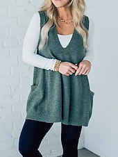 billige Enkel tank topp-Dame Genser vest Fritid Helfarge Riflet V-hals Strikket Ermeløs Vanlige topper Strikke Ferie Ut på byen Helg Kamel Grønn Høst