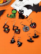 levne Halloweenské doplňky-Sada dámských visících náušnic na Halloween – pavučina a pavouk, lebka, netopýr a duch, lehká černá slitina s kamínky, gotický styl pro kostýmní večírky, cosplay a večerní zábavu