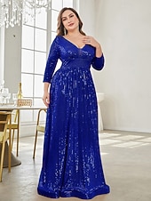 economico Semi-formale / Cocktail-Linea ad A Lunghezza al pavimento Abiti da festa Elegante Manica Lunga Scollo a V Formale Invitato a matrimonio autunnale Con Paillettes con Glitter Paillettes