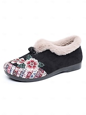 economico Scarpe di Natale per Donne-scarpe slip-on da donna con fodera in pelliccia ricamata rossa e motivo floreale, calde scarpe invernali per Natale, periodo festivo e abbigliamento casual