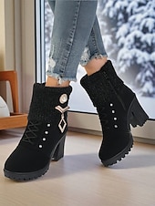 baratos Botas de tornozelo-Botas femininas de cano curto em malha preta com cadarço e strass e salto grosso - botas elegantes de inverno com salto para roupas de Natal e moda para o frio
