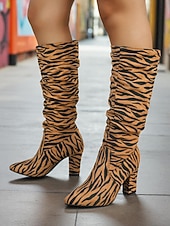 cheap Slouch Boots-Women's Zebra - Striped Slouchy Knee - High Block Heel Boots - Edgy Streetwear Shoes for Casual Hangouts and Night Events