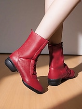 cheap Dance Boots-Women&#039;s Red Lace-Up Dance Boots - Soft Sole Ankle Boots with Side Zipper for Jazz, Practice and Performance