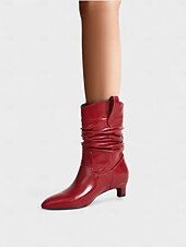 tanie Buty typu slouch-Damskie czerwone botki typu slouch z miękką, marszczoną cholewką, na niskim klockowym obcasie, szykowne obuwie w miejskim stylu dla kobiet, idealne do codziennych, swobodnych stylizacji i miejskich