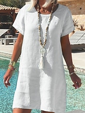 abordables Vestido blanco-Mujer Mini vestido Vestido informal Vestido de cambio Clásico Moderno Exterior Vacaciones Festivos Ajuste regular Plano Manga Corta Cuello Barco Blanco Amarillo Rosa Morado Otoño