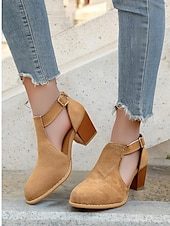 baratos Botas de tornozelo-Botas femininas de camurça bege com recorte no tornozelo e salto bloco - perfeitas para passeios casuais, moda primavera e outono e uso diário elegante