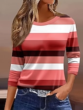 cheap Stripe&amp;Geometric tee-Women's T shirt Long Sleeve Graphic Geometric Striped Vintage Stylish Classic Long Sleeve Crew Neck Round Neck Regular Tops Daily Print Sage Green Red Purple  Spring Fall Prefall