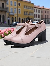  Lyseblå damesko med T-stropp og kraftig hæl – pumps i imitert skinn med rund tå og spenne for fritidsbruk, kontorantrekk og vår- og sommerarrangementer