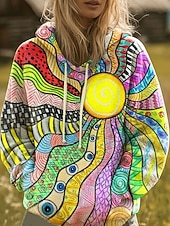 voordelige Boho Tops-Dames Trui met capuchon Sweatshirt Grafisch Regenboog Casual Boho Lange mouw Capuchon Normale tops Straat Dagelijks gebruik Afdrukken Voorvak Rood blauw Paars Oranje Lente Herfst Winter