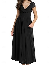 cheap Cocktail Dress-Women&#039;s Maxi long Dress Boho Wedding Guest Dress Elegant Stylish Regular Fit Plain Short Sleeve V Neck Black White Yellow Light Green Summer Spring
