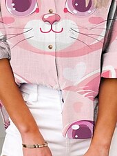cheap Animals Tops-Women&#039;s Shirt Cat Active Daily Stylish Long Sleeve Shirt Collar Regular Tops Daily Holiday Buttons Print Pink Summer Spring Fall
