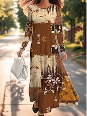 billiga Boho-klänning-Dam Maxiklänning Sheath Dress A linjeklänning Ledigt Boho Bröllopsgäst Dagligen Utekväll Normal Blommig Grafisk Långärmad Rund hals Brun Vår Höst Vinter