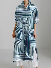 abordables Robe Rayée et Géométrique-Femmes Robe Longue Maxi Robe Robe Chemise Robe Décontractée Mode Moderne Quotidien Fête Week-end Coupe régulière Géométrique Bloc de Couleur Manche 3/4 Col de chemise Bleu Été Printemps Automne