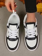 cheap Women's Sneakers-Women's Pink and Black Colorblock Lace-Up Sneakers - Comfortable Faux Leather Platform Walking Shoes for Casual Outfits, Street Style and Autumn Travel