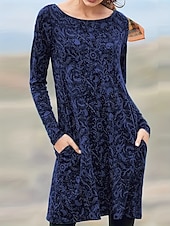 preiswerte Boho Kleid-Damen Knielanges Kleid Freizeitkleid T-Shirt-Kleid A Linie Kleid Urlaub Lässig Date Normale Passform Blumen Grafik Paisley-Muster Langarm Rundhalsausschnitt Blau Braun Grün Frühling Herbst Winter