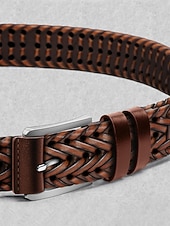 levne Pánské opasky-Pánský pletený opasek z pravé kůže – klasický tkaný design s leštěnou přezkou, odolný a nastavitelný doplněk v pase pro ležérní, obchodní a golfové outfity