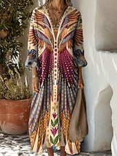 preiswerte Streifen- und geometrische Kleider-Damen Maxikleid Sommerkleid A Linie Kleid Urlaub Lässig Boho Party Ferien Strand Normale Passform Blumen Grafik Geometrisch Langarm V Ausschnitt Gelb Rote Blau Orange Sommer Frühling Herbst