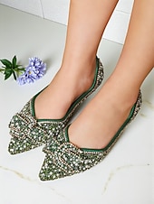 cheap Women's Flats-Women's Green Rhinestone Pearl Flats - Pointed Toe Slip-On Dress Shoes with Buckle Detail for Cocktail Parties &amp; Evening Events