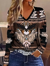 levne Boho tričko-Dámské Tričko Grafika Etno Peří Vinobraní stylové Klasické Dlouhý rukáv Do V Běžné topy Denní Tisk Hnědá Jaro Podzim Zima