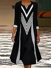 billige Stripete og geometrisk kjole-Dame Kjolesett Maxikjole Skiftkjole Sommerkjole Fritid Grafisk Geometrisk Multi Layer Trykt mønster Maxikjole 3/4 ermer Crew-hals Daglig Svart Blå Oransje Vår Høst Løstsittende