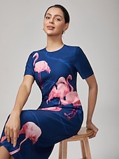 baratos Vestidos Florais-vestido longo elástico com estampa de flamingo
