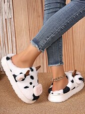 ieftine Flip-Flops de Damă-Papuci drăguți de pluș pentru femei, cu model de vacă, cu design 3D cu animale și căptușeală moale – pantofi confortabili de iarnă pentru casă și cadouri de sărbători