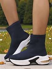 levne Kotníkové boty-Dámské béžové ponožkové kozačky z flyknit pleteniny s platformovou podrážkou – lehká ležérní obuv na outdoor, cestování a sport