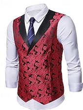 abordables Gilet pour homme-Homme Gilet Vacances Soirée Affaires Mode Occasionnel Printemps Automne Avec Poches Boutons Polyester Confortable Paisley Droit 1 bouton Revers en Pointe Coupe régulière Rouge Gilet