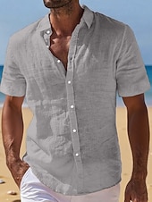  Men's Linen Shirt Summer Shirt Beach Wear Button Up Shirt Plain Vacation Curise Black White Light Green Pink Short Sleeve Turndown Summer Clothing Apparel