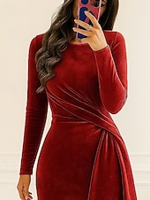 preiswerte Cocktailkleider-blau rot schwarz Etuikleid/Säule Abendkleid elegantes Kleid formalen Herbst knielang Langarm Rundhalsausschnitt Samt mit Falten gerafft 2025