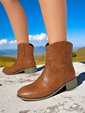 abordables Cowboy y botas occidentales-Botines de piel sintética color vino tinto para mujer: botas cortas de tacón bajo estilo western informal para el trabajo, viajes y atuendos cotidianos.