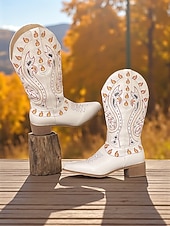 levne Cowboy &amp; Western Boots-Dámské bílé kovbojské boty v západním stylu s unikátním barevným vyšívaným designem a úzkými podpatky, obuv v bohémském západním stylu