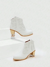 ieftine Cizme Cowboy &amp; Western-botine de damă din piele albă - cu ornamente împânzite, design brodat și toc gros din lemn pentru ținute casual la modă