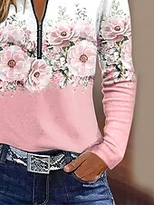 abordables T-shirt floral-Femmes T-shirt A Ombre Fleuri Graphique Élégant ancien Classique manche longue Col rond Encolure en V Hauts Réguliers Quotidien Week-end Fermeture éclair Imprimé Rose Claire Bleu Ciel Violet