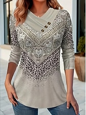 billige Boho t-skjorte-Dame T skjorte Grafisk Stripet Årgang Stilfull Fritid Langermet V-hals Vanlige topper Daglig Helg Knapper Trykt mønster Lysegrønn Blå Grønn Grå Høst Vinter