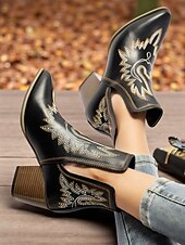 levne Cowboy &amp; Western Boots-Dámské kovbojské kotníkové boty v západním stylu s vyšívanými detaily, módní boty na blokovém podpatku pro běžné nošení ve městě