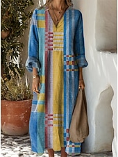 abordables Robes Boho-Femmes Robe Midi Robe d&#039;Été Robe trapèze Vacances Occasionnel Boho Soirée Fête Plage Coupe Ample Fleuri Graphique Géométrique manche longue Col en V Rouge Foncé Rose Claire Bleu Violet Été Printemps