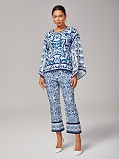  Mujer Camisa casual Arte abstracto Casual Campana Azul cielo Elegante Bohemia Vacaciones Cuello Barco Verano Primavera