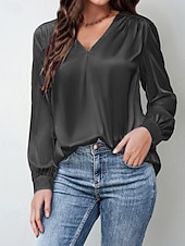 preiswerte Elegante Oberteile-Damen Hemd Bluse Einfach Modern Lässig Langarm V Ausschnitt Normale Oberteile Täglich Ferien Ausgehen Gerafft Schwarz Weiß Gelb Rosa Wein Herbst