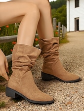 billiga Slouch Boots-Bruna damstövlar i konstmocka med låg klack, bekväma stövlar till halva vaden för avslappnade höst- och vinterkläder