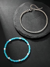 رخيصةأون مجوهرات رجالية-مجموعة أساور رجالية من الخرز الفيروزي والسلسلة الفضية - مجوهرات قابلة للتعديل على طراز شاطئ بوهو للملابس غير الرسمية والصيفية وملابس العطلات