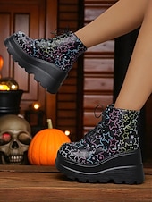 baratos Para mulheres-Botas femininas pretas plataforma com cadarço e caveira - botas góticas de cano curto com sola grossa para festas de outono, cosplay e dia dos mortos
