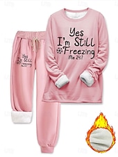 preiswerte Trainingsanzüge für Damen-Damen Elegant Warm Mode Zweiteilige Sets Trainingsanzug Hosen-Sets Langarm Bischofsärmel Rundhalsausschnitt Grafik Buchstabe Druck Outdoor Urlaub Täglich Schwarz Rosa Dunkelpink Frühling Normale