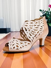 economico Scarpe per balli latini-scarpe da ballo da donna con punta aperta, strass e tacco basso color carne - calzature professionali per feste da ballo Gatsby