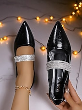 abordables Fête de la Vie Nocturne-Ballerines à bout pointu en cuir verni noir pour femmes - élégantes chaussures à enfiler avec bride en strass pour les soirées formelles et haut de gamme
