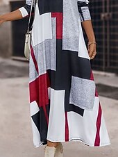preiswerte Streifen- und geometrisches Kleid-Damen Maxikleid A Linie Kleid Sommerkleid Urlaub Lässig Normale Passform Grafik Geometrisch Abstrakt Langarm Rundhalsausschnitt Rote Frühling Herbst Winter