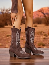 levne Cowboy &amp; Western Boots-Dámské semišové kovbojské boty s vyšívaným designem, westernové, s blokovým podpatkem do poloviny lýtek, retro styl, módní boty pro městské běžné nošení