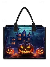 tanie Torby-damska torba na Halloween z motywem dyni i nawiedzonego domu — duża, wielokrotnego użytku torba na zakupy z kieszenią na zamek i wytrzymałymi uchwytami, w stylu gotyckim, idealna na „cukierek albo psikus”, imprezy kostiumowe i do codziennego użytku